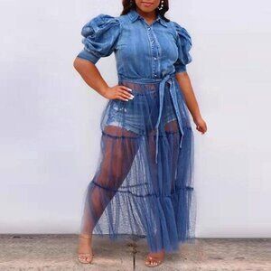 Denim Puff Sleeve Top w/ Tulle Skirt - Light Denim